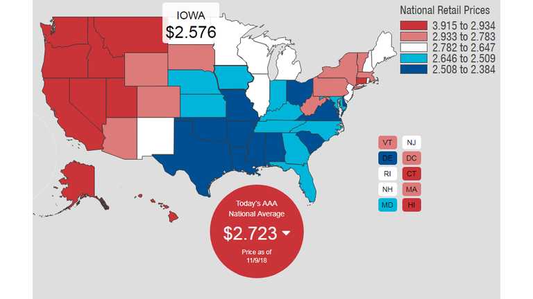 Interactive AAA state gas price map