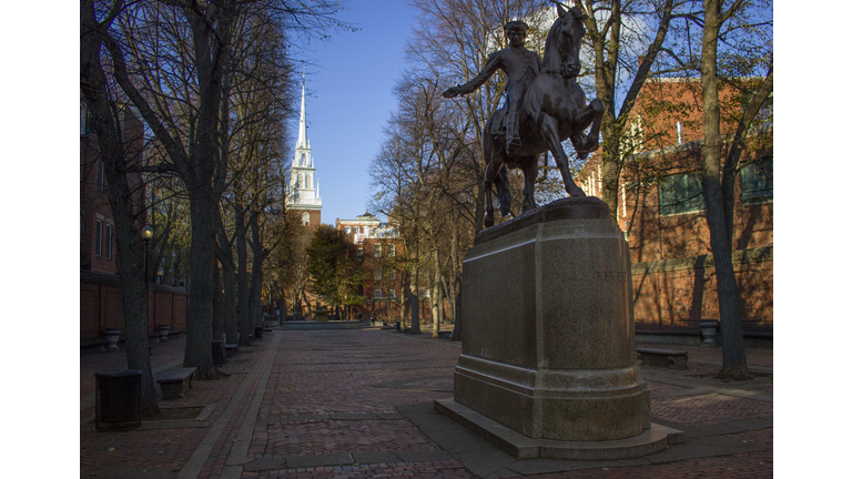 Paul Revere Mall, Boston, USA Winter view of Paul Revere Monument on the Paul Revere Mall (Prado) in the historic North End neghborhood of Boston, Massachusetts, USA. Old North Church, where the American Revolution started, can be seen in the background. These sites are located on the Freedom Trail in Boston National Historic Park.
