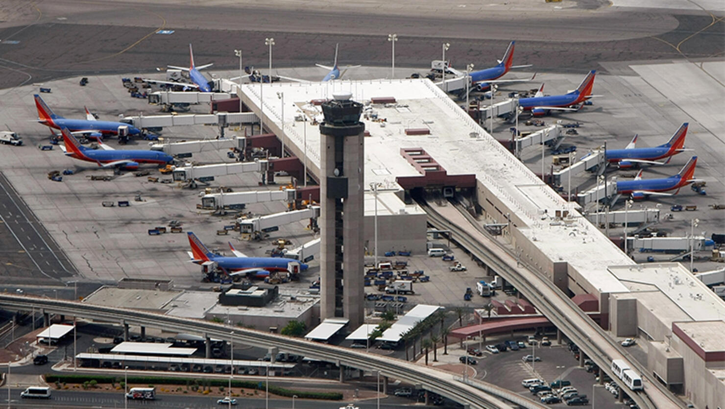  An aerial view of Southwest Airlines planes parked at a gate at McCarran International Airport 