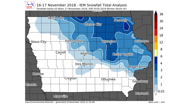 Iowa State University Mesonet Snow Reports Friday night to Saturday morning