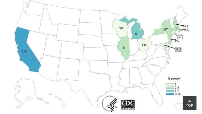 E-coli cases confirmed.  Map by U.S. Centers for Disease Control