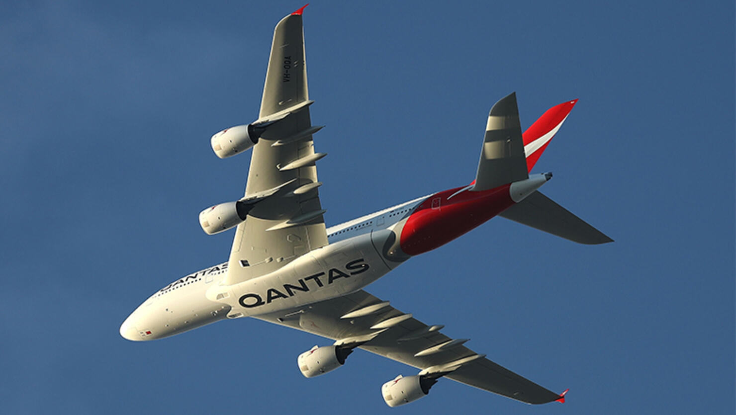  Qantas Airbus A380 in the 'Silver Roo' livery is seen flying over Sydney