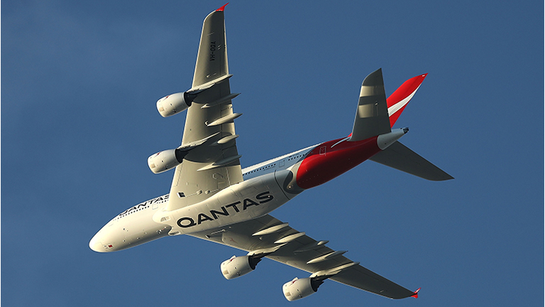  Qantas Airbus A380 in the 'Silver Roo' livery is seen flying over Sydney