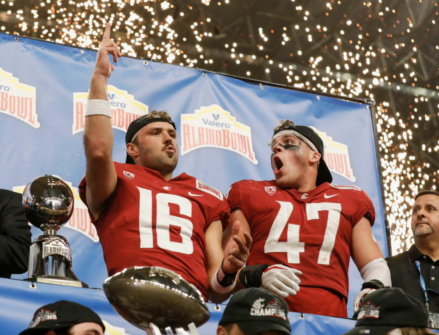 Gardner Minshew and Peyton Pelluer celebrate after the Valero Alamo Bowl