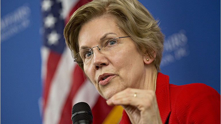 Senator Elizabeth Warren, a Democrat from Massachusetts, speaks during a discussion at American University in Washington, D.C.