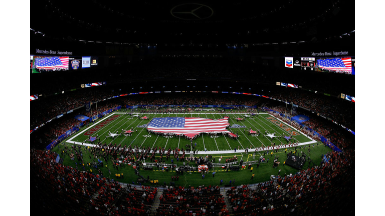 An American flag is seen during the national anthem before the Allstate Sugar Bowl