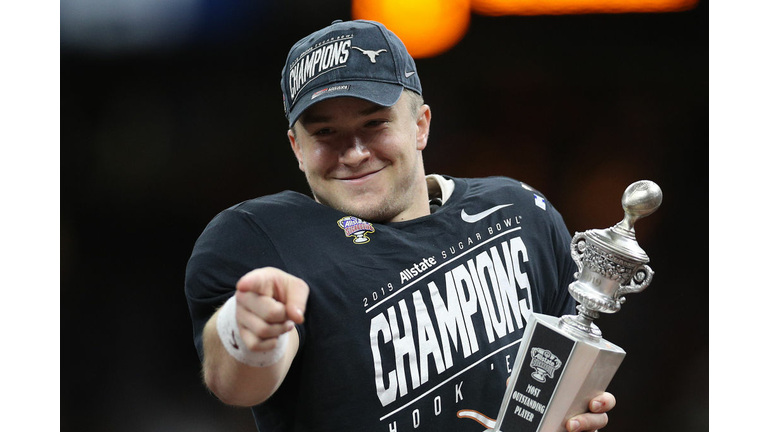 Sam Ehlinger #11 of the Texas Longhorns celebrates Sugar Bowl win