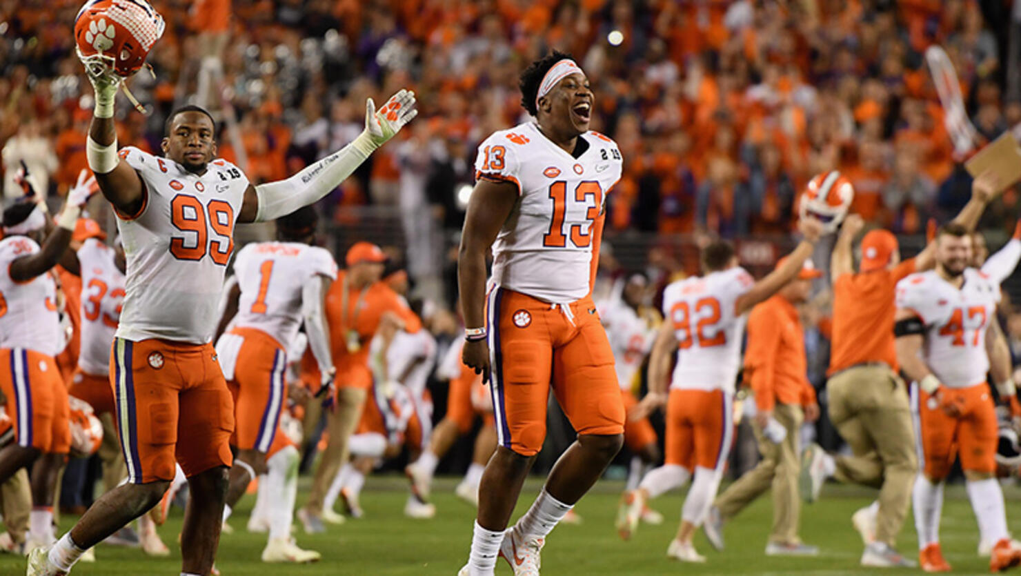 James Edwards #95 and Hunter Renfrow #13 of the Clemson Tigers celebtate their teams 44-16 win over the Alabama Crimson Tide in the CFP National Championship presented by AT&T at Levi's Stadium