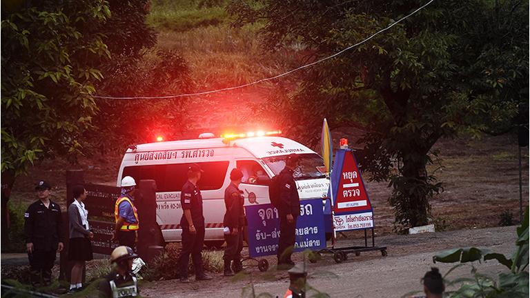 An ambulance leaves the Tham Luang cave area after divers evacuated some of the 12 boys and their coach trapped at the cave in Khun Nam Nang Non Forest Park in the Mae Sai district of Chiang Rai province