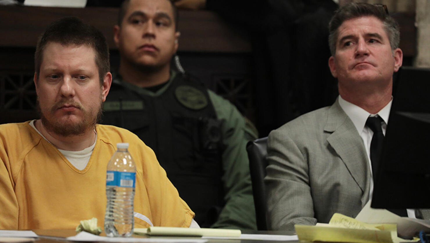 Former Chicago police Officer Jason Van Dyke, left, listens with his attorney Daniel Herbert at Van Dyke's sentencing hearing at the Leighton Criminal Court Building