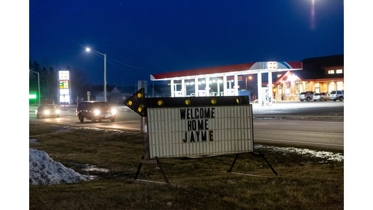 A 'Welcome Home Jayme' sign displayed for Jayme Closs on January 11, 2019 in Barron, Wisconsin, one day after the missing teenager was found coming out of nearby woods. - A 13-year-old American girl, missing for almost three months after her parents were shot dead at their home in the US Midwest, has been found alive with her hair matted and wearing oversized shoes. 'Jayme Closs was located alive,' the sheriff's office in Douglas County, Wisconsin, said in a statement late Thursday. It said she was located near the town of Gordon, close to Lake Superior and approximately 75 miles (120 kilometers) north of her home in rural Barron, Wisconsin. (Photo by Kerem Yucel / AFP) (Photo credit KEREM YUCEL/AFP/Getty Images)