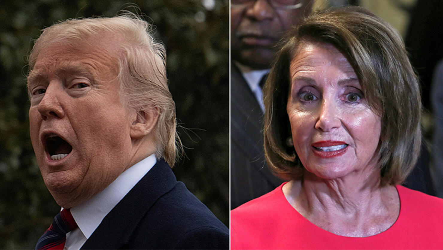 This combination of file pictures created on January 20, 2019 shows US President Donald Trump as he arrives at the White House in Washington, DC, on January 19, 2019,and Speaker of the House Nancy Pelosi (D-NY) outside the House Chamber on Capitol Hill in Washington, DC on January 3, 2019