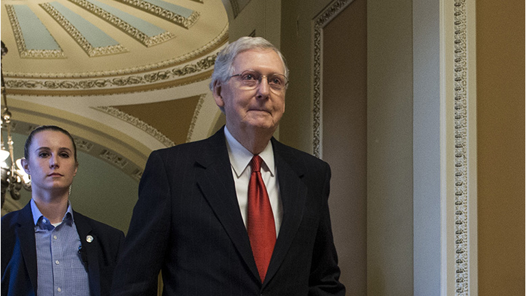 Senate Majority Leader Mitch McConnell (R-KY) leaves the Senate Chamber on Capitol Hill, January 24, 2019 at the U.S. Capitol in Washington, DC. 