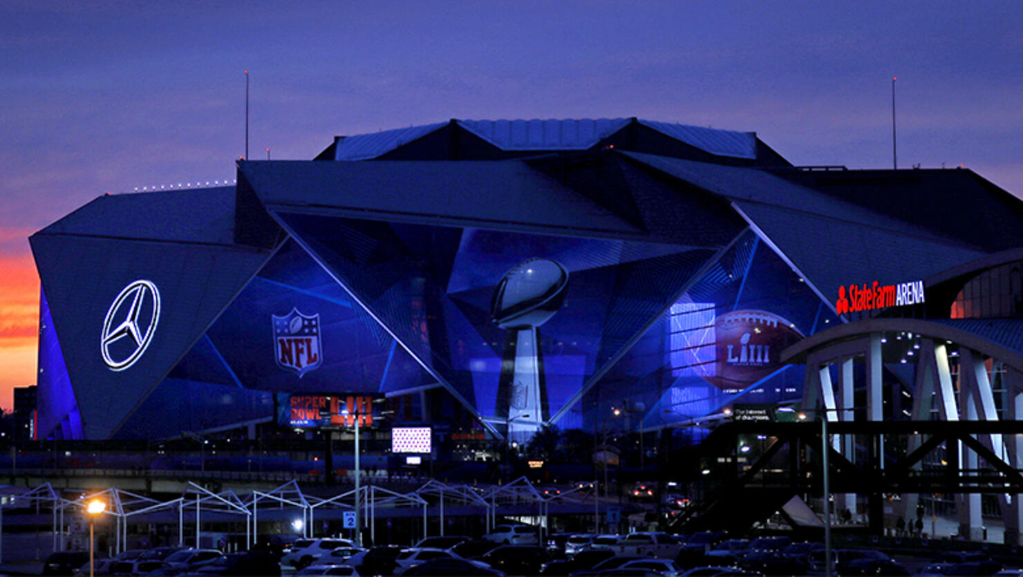  An exterior view of the Mercedes-Benz Stadium is seen on January 27, 2019 in Atlanta, Georgia