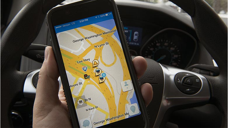Screen view of the WAZE traffic gps app on an iphone. 