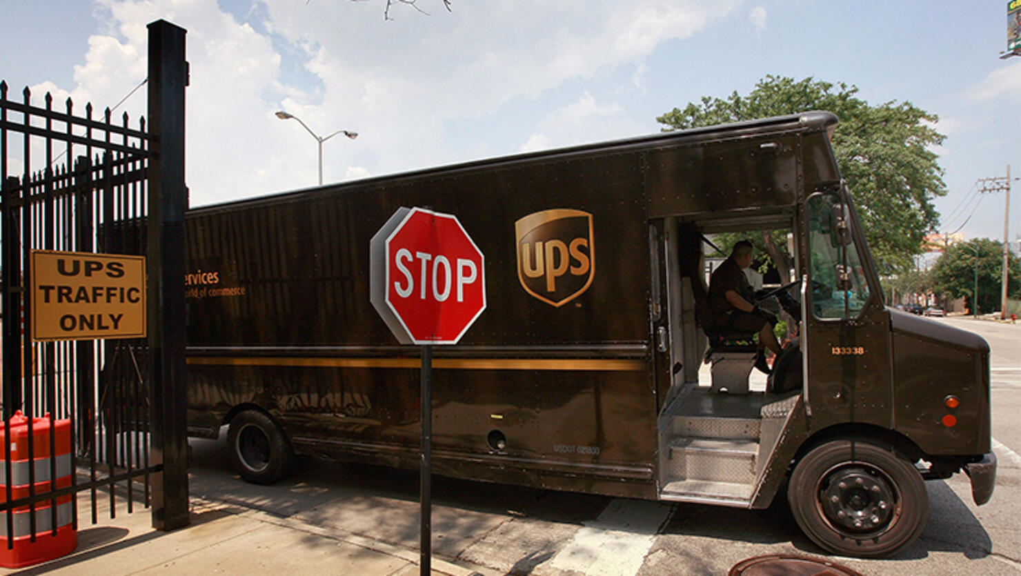  A truck departs a United Parcel Service Inc. (UPS) terminal