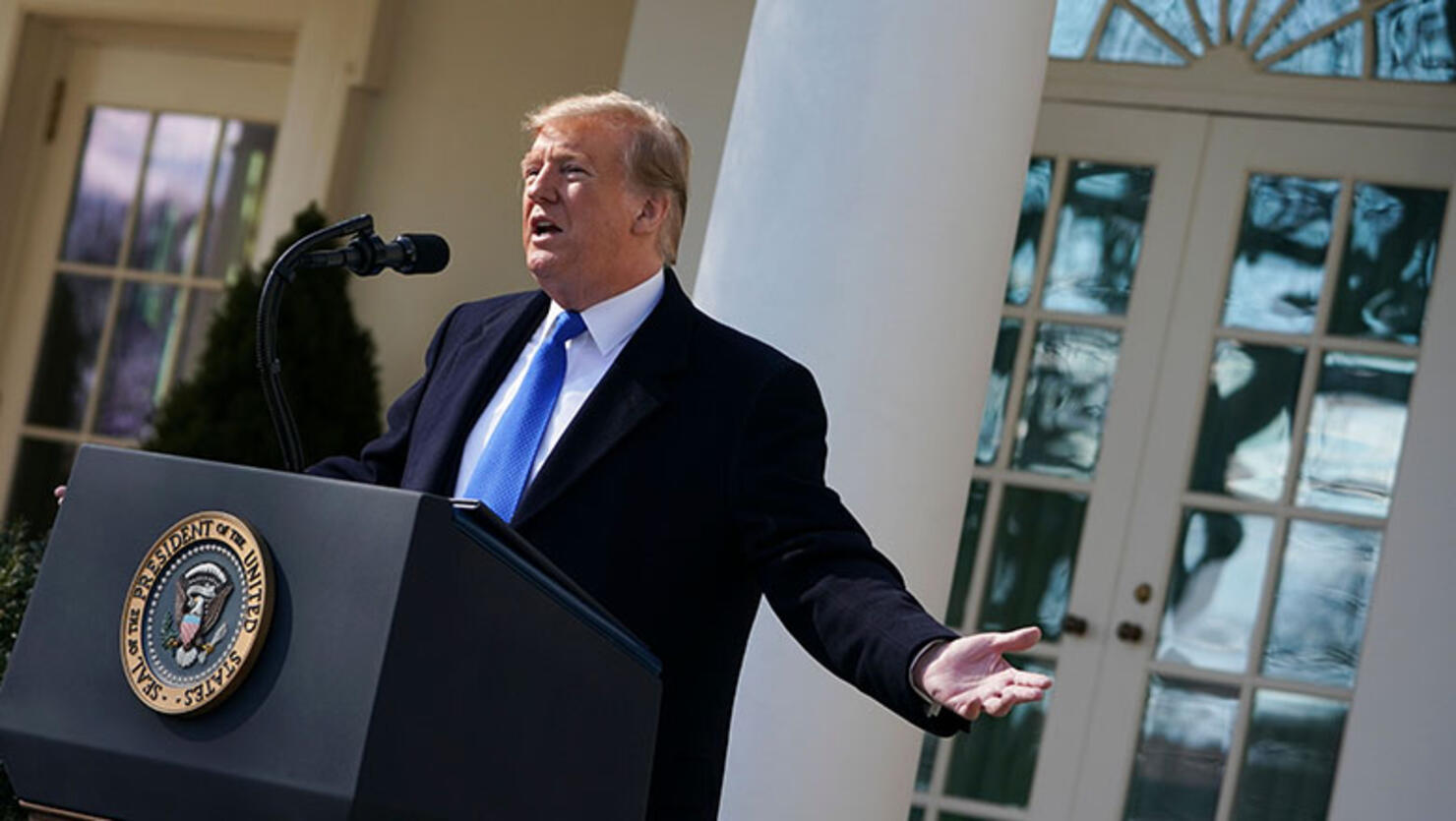 President Donald Trump delivers remarks in the Rose Garden at the White House in Washington, DC