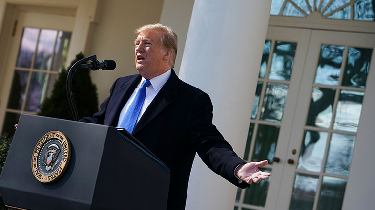 President Donald Trump delivers remarks in the Rose Garden at the White House in Washington, DC