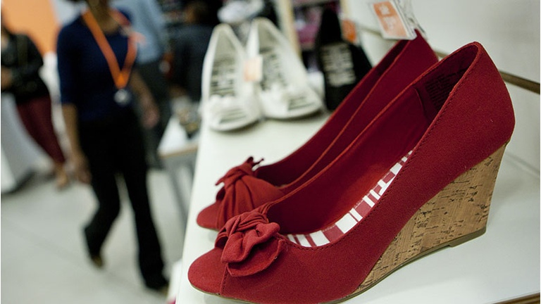 Shoes are displayed for sale at a Payless ShoeSource Inc. store in New York,