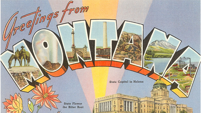 Vintage large letter illustrated postcard images of a statue, industry, a geyser, a lake and mountain, the state flower, and the State Capitol building, ’Greetings from Montana’, 