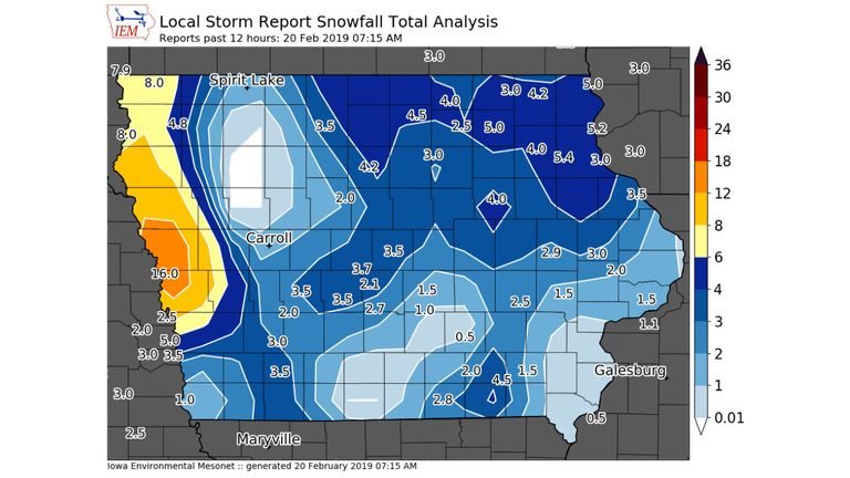 ISU Mesonet snow totals map