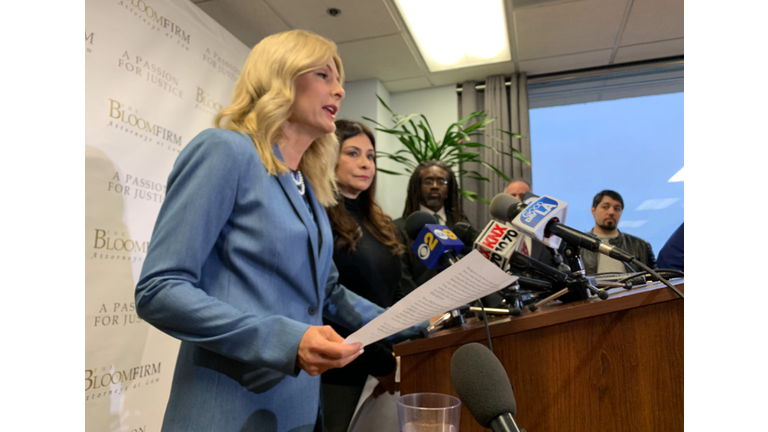  Ysabel Villegas alongside lawyer Lisa Bloom announcing a lawsuit filed today saying LAPD turned a blind eye to reports of sexual abuse and revenge porn blackmail by a fellow officer.