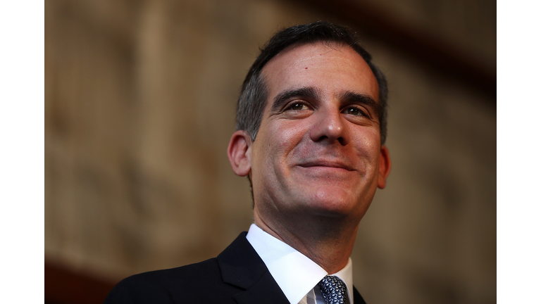 Eric Garcetti Campaigns For Reelection At CA Film Studio