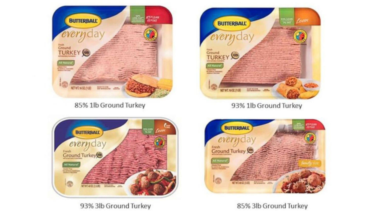 Butterball ground turkey products involved in a voluntary recall are pictured in an image released by the company