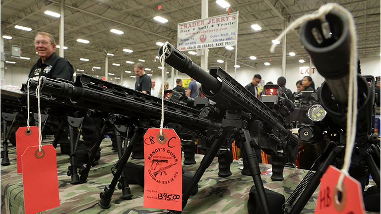 AR-15 rifles are on display during the Nation's Gun Show