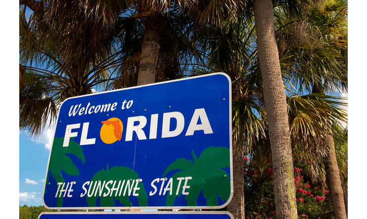 Welcome to Florida sign with palm trees in background