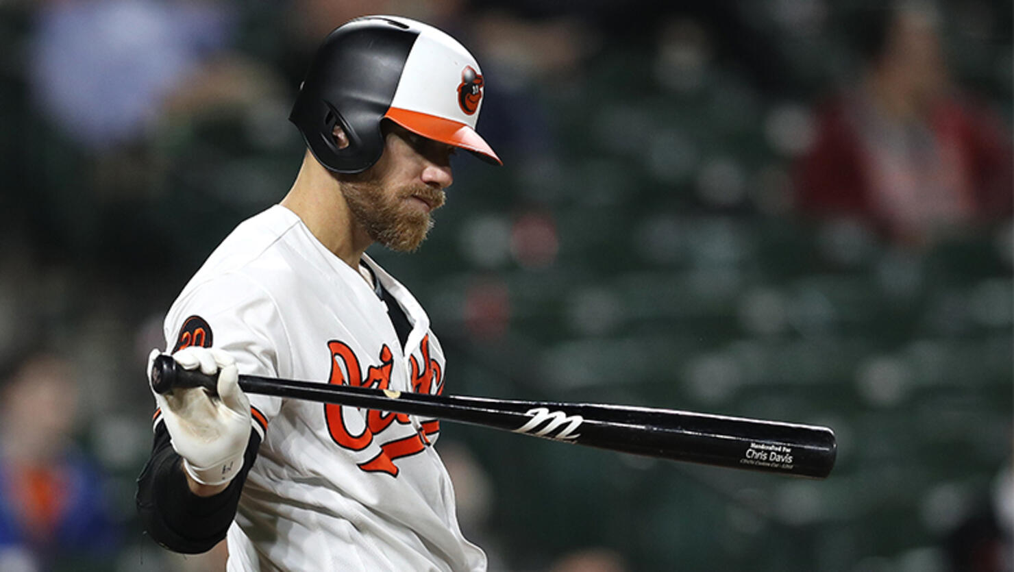 Chris Davis #19 of the Baltimore Orioles bats against the Oakland Athletics during the seventh inning at Oriole Park at Camden Yards on April 8, 2019 in Baltimore, Maryland.