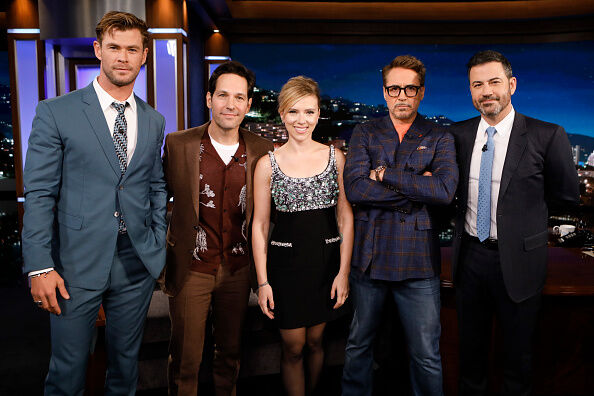 Chris Hemsworth with Avengers Co-Stars on Jimmy Kimmel Live (photo cred: Getty Images) 