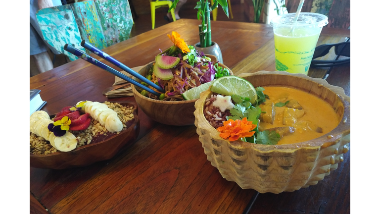 Soba noodles, Curry and Acai Bowl at A'A Roots