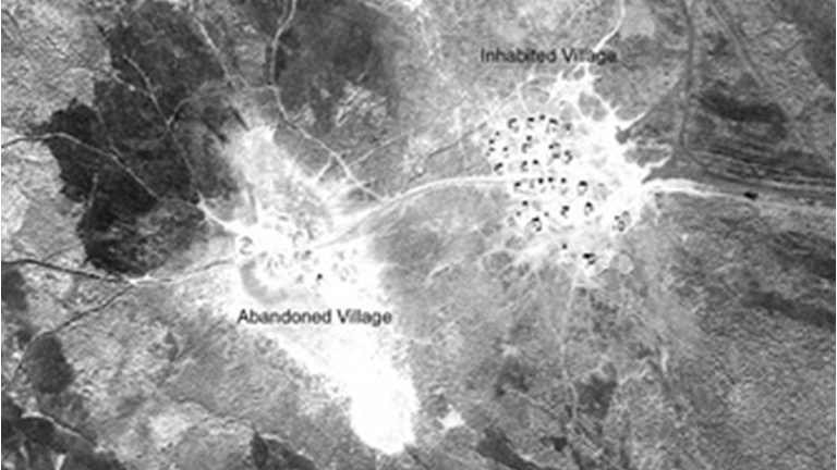 An inhabited and adjacent abandoned Marsh Arab village in the Central Marshes of southern Iraq, U2 mission 1554, January 1960 (Roll 10R, Frame 1284). 