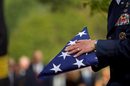 Soldier folding flag at military funeral