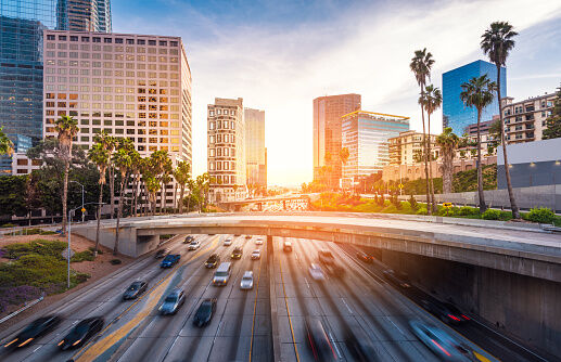 Downtown Los Angeles traffic at sunset