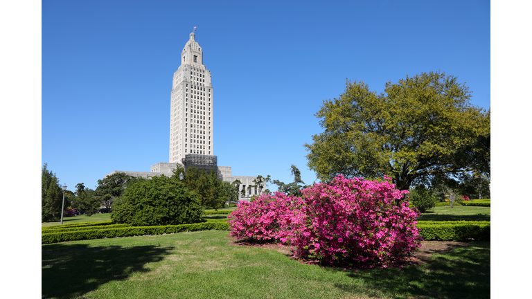State Capitol of Louisiana with blooming azalea