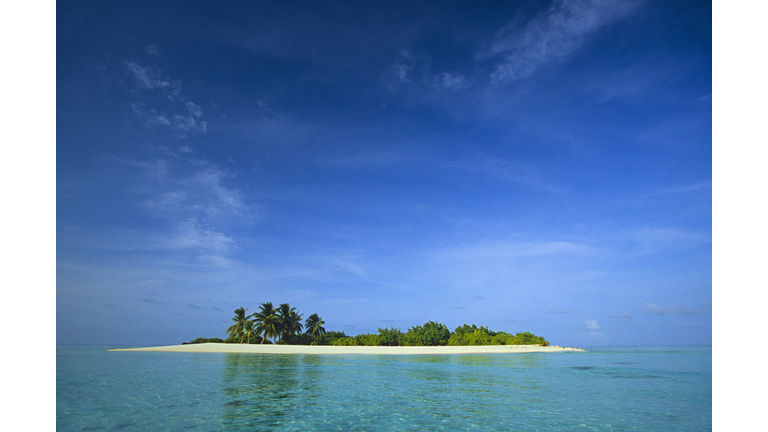 Maldives, tropical island with palm trees in middle of ocean