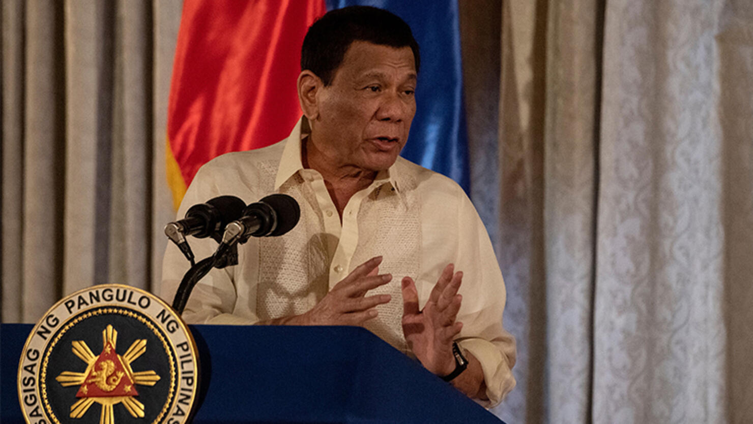 Philippine President Rodrigo Duterte gives a speech during the Ceremonial Confirmation of the Bangsamoro Organic Law Plebescite Law Canvass Results and Oath-taking of Transition Authority at the Malacanang palace in Manila