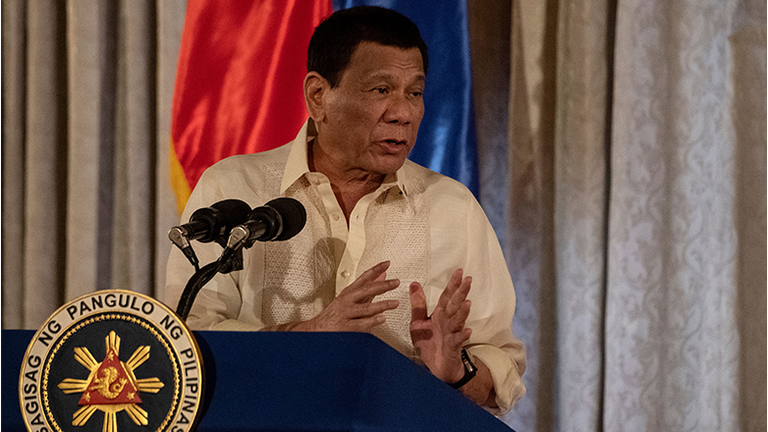 Philippine President Rodrigo Duterte gives a speech during the Ceremonial Confirmation of the Bangsamoro Organic Law Plebescite Law Canvass Results and Oath-taking of Transition Authority at the Malacanang palace in Manila