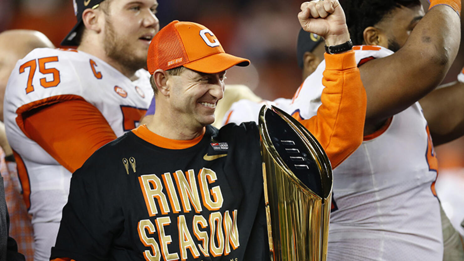Clemson head coach Dabo Swinney celebrates after Clemson beat Alabama 44-16 to win the College Football Playoff National Championship at Levi's Stadium in Santa Clara, Calif.