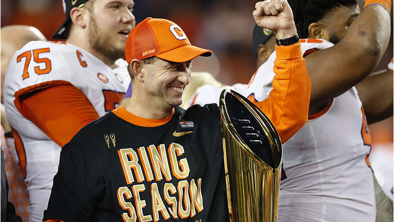 Clemson head coach Dabo Swinney celebrates after Clemson beat Alabama 44-16 to win the College Football Playoff National Championship at Levi's Stadium in Santa Clara, Calif.
