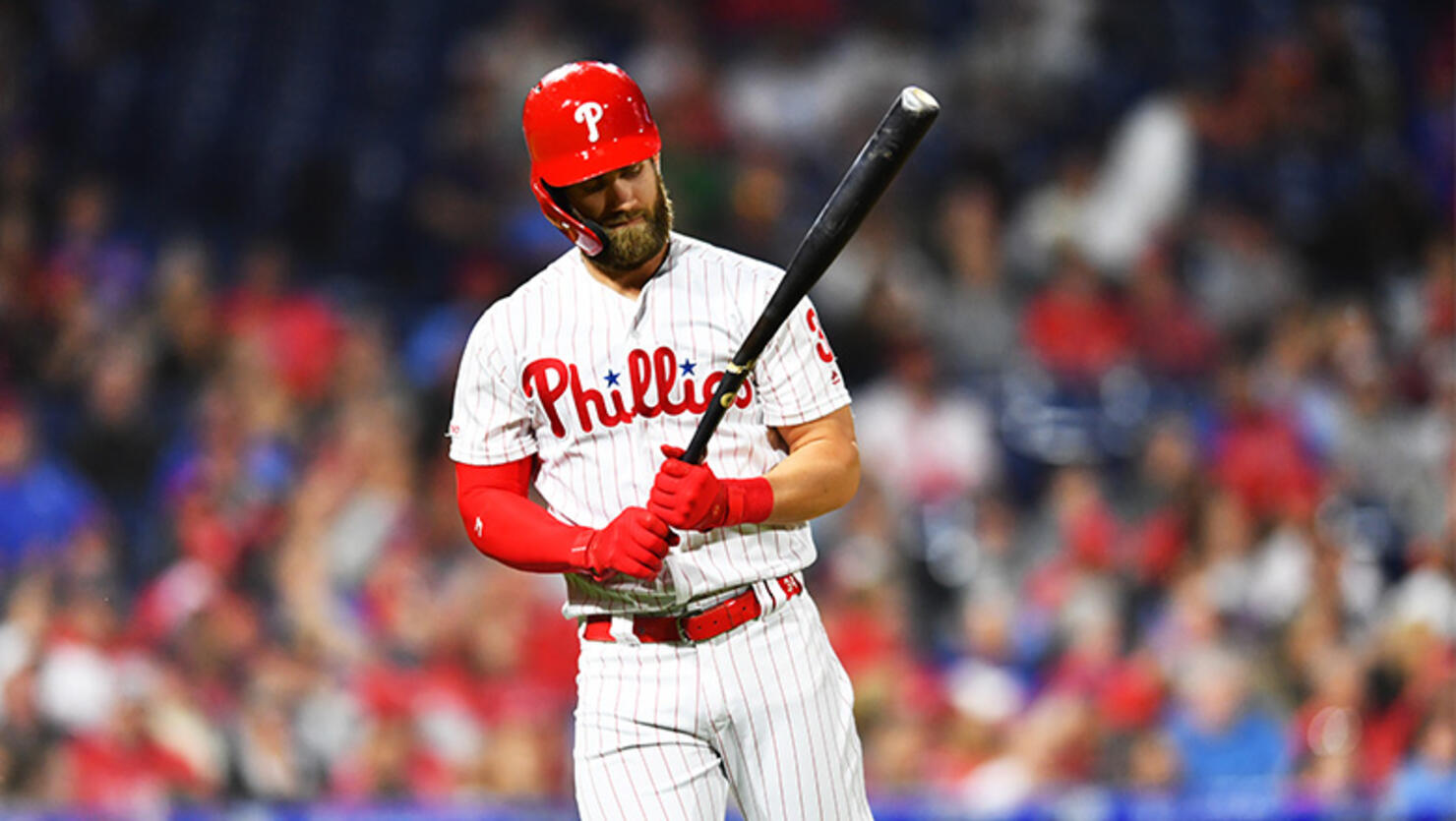 Philadelphia Phillies Outfield Bryce Harper (3) looks at his broken bat after lining out in the third inning during the game between the Detroit Tigers and Philadelphia Phillies