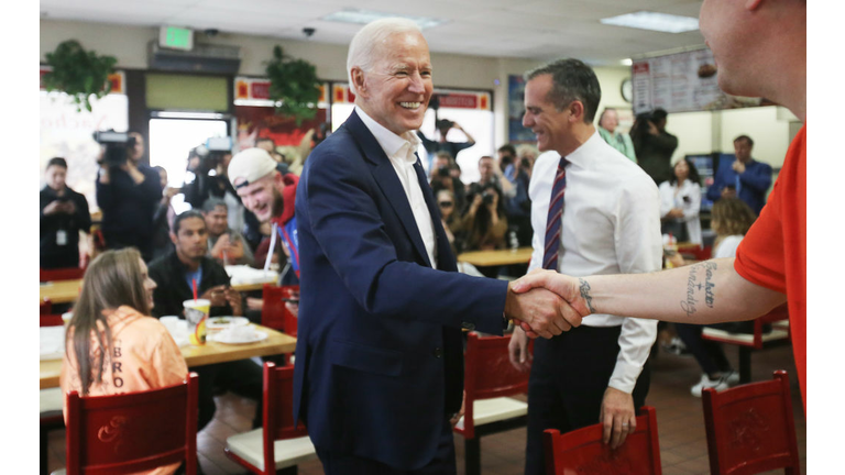 Democratic Presidential Candidate Joe Biden Meets With Voters In Los Angeles With L.A. Mayor Eric Garcetti