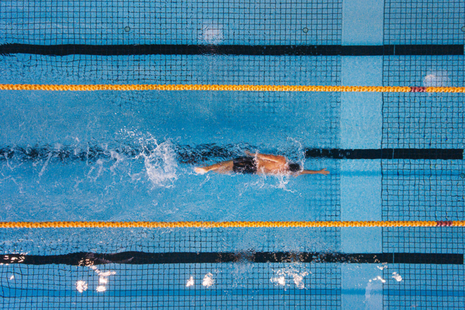 Young man swimming laps in a pool