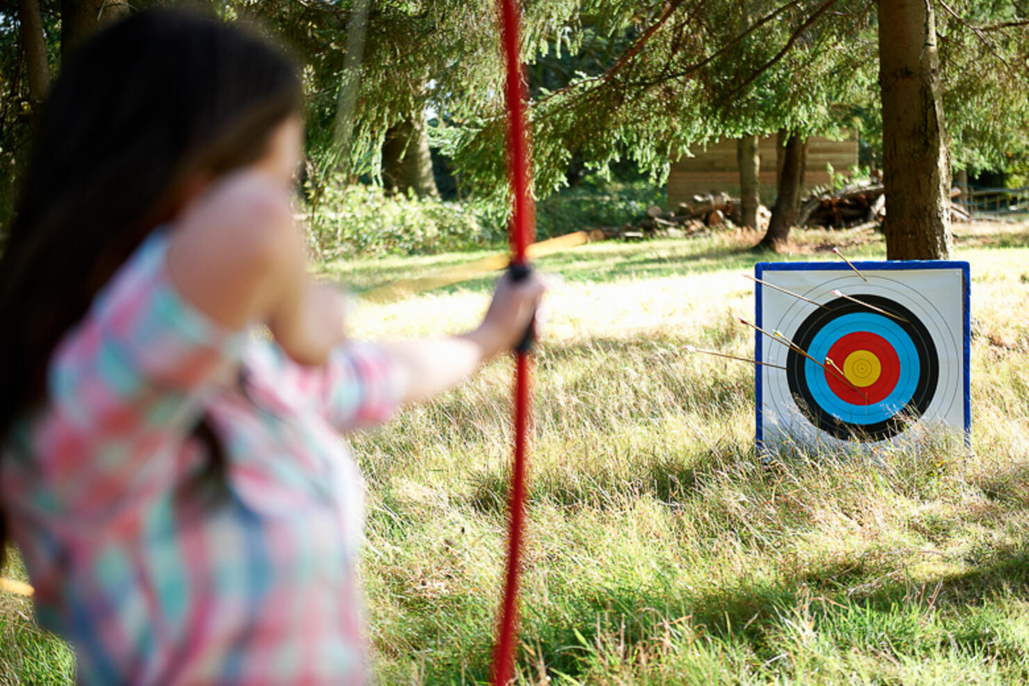 Rear view of teenage girl practicing archery with target