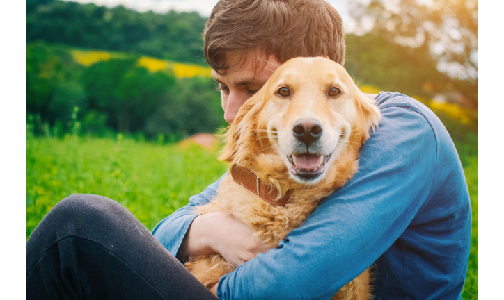 Guy and his dog, golden retriever, nature