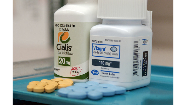Viagra and Cialis tablets are pictured on a tray at a New Yo