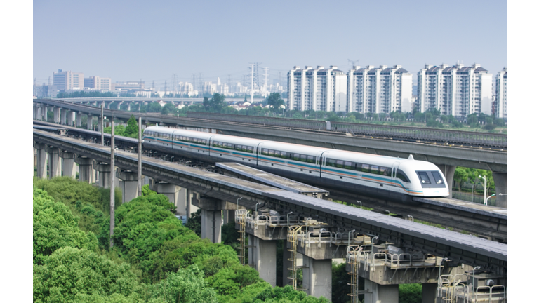 Shanghai magnetic levitation (maglev) train departure for Pudong airport.This train link Pudong international airport with Shanghai downtown area.