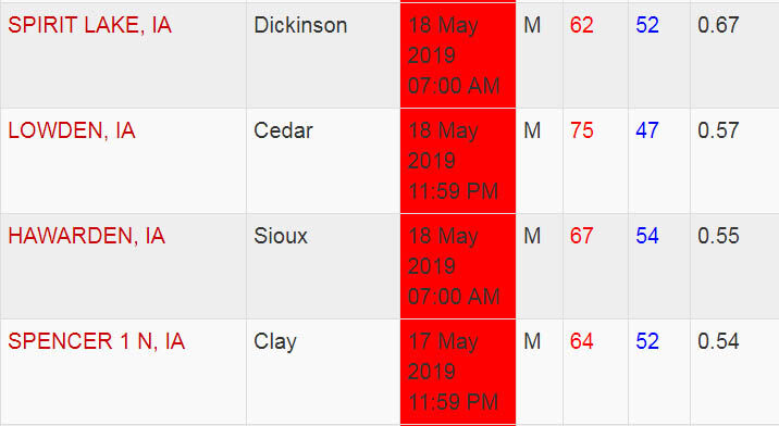 Iowa rainfall totals Friday May 17, 2019 National Weather Service, Iowa State University